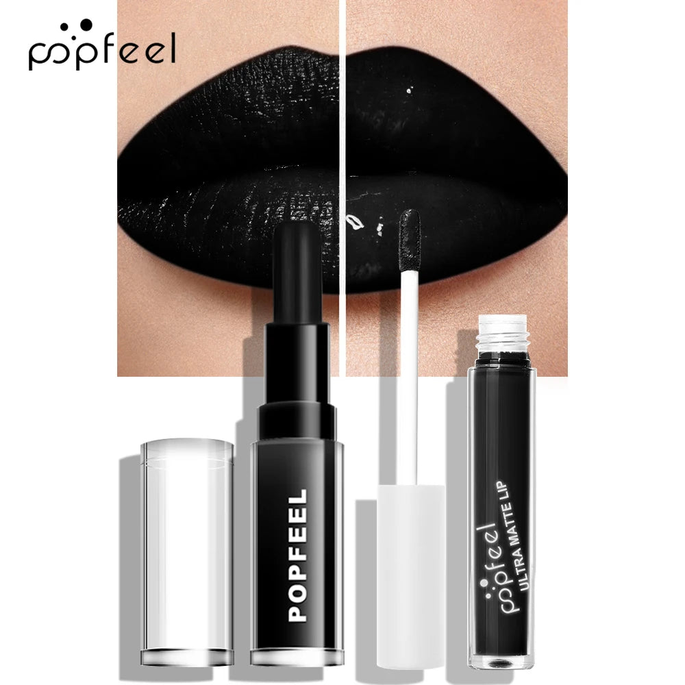 POPFEEL Kit Maquillage Lèvres Hallowmas – Rouge à Lèvres Noir + Gloss Noir Mat Longue Tenue